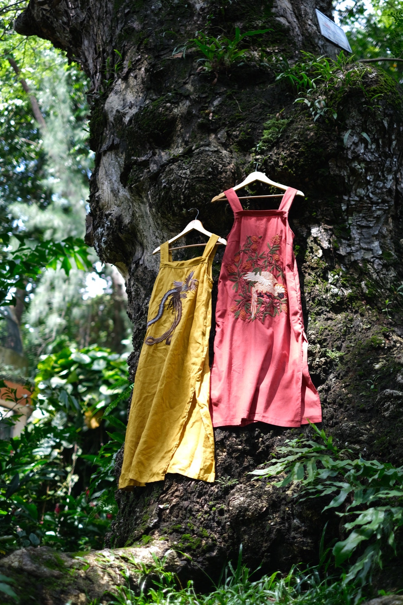 Vietnamese Embroidery - “Scarlet Canopy” Embroidered Linen Dress - styled presentation in silk in yellow by Huulala