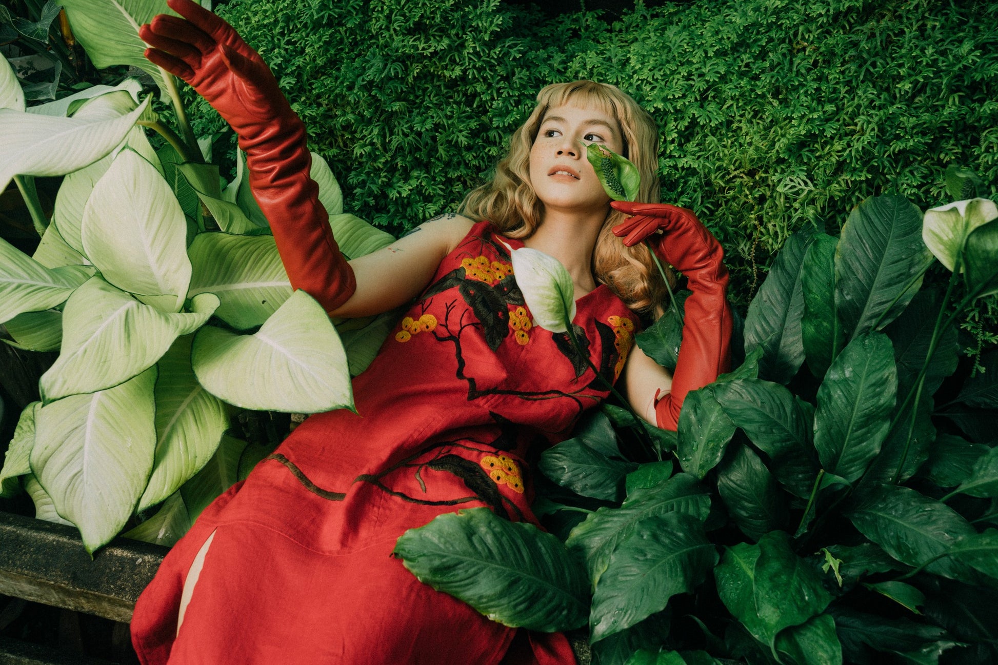 "Crimson Botanica" - Linen Wrap Dress