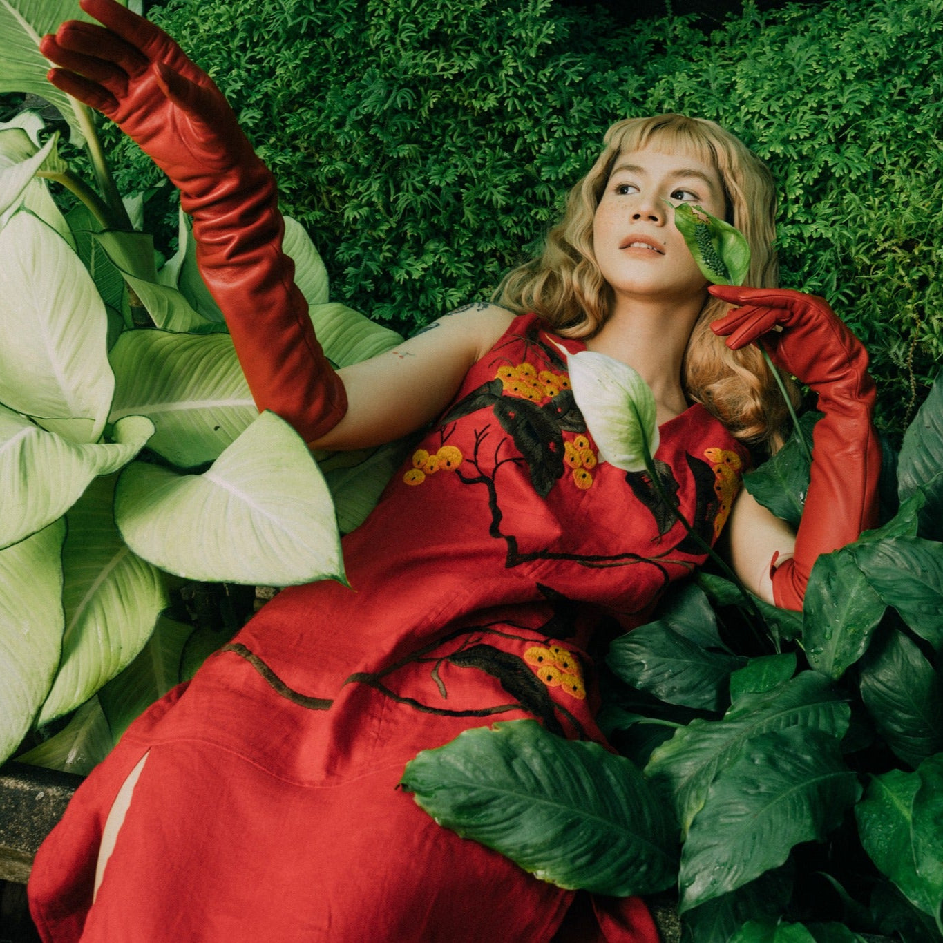 "Crimson Botanica" linen wrap dress by Huulala, red floral pattern, elegant design.