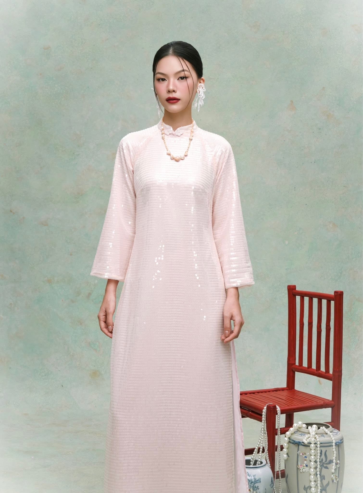 Vietnamese Ao Dai - Nhien Minh Áo Dài Set - Sequin Ao dai in Pastel Pink - front view in pink by HOIVU