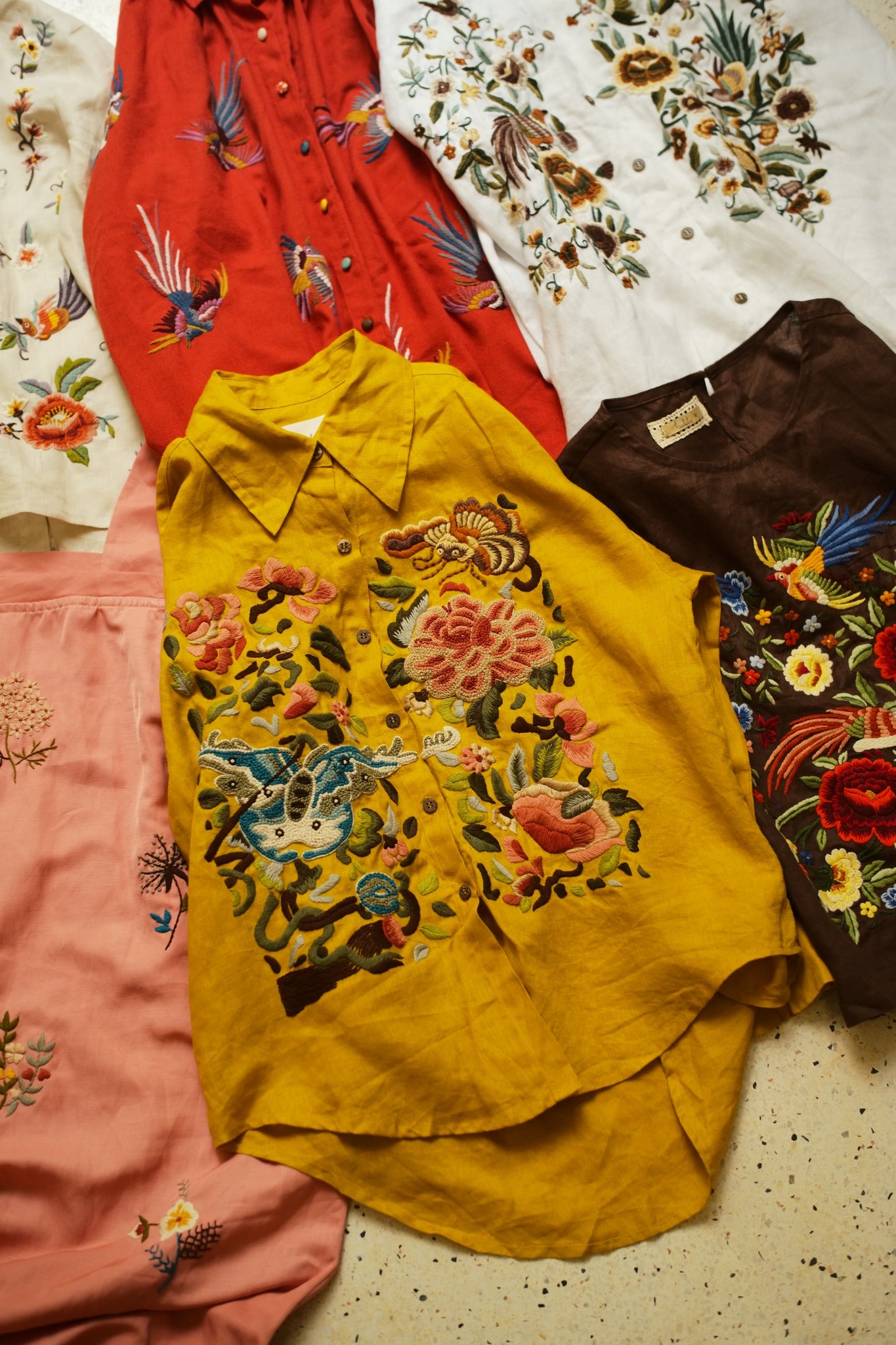 "Spring - Embroidered Linen Shirt in Yellow by Huulala, Vietnamese floral design"