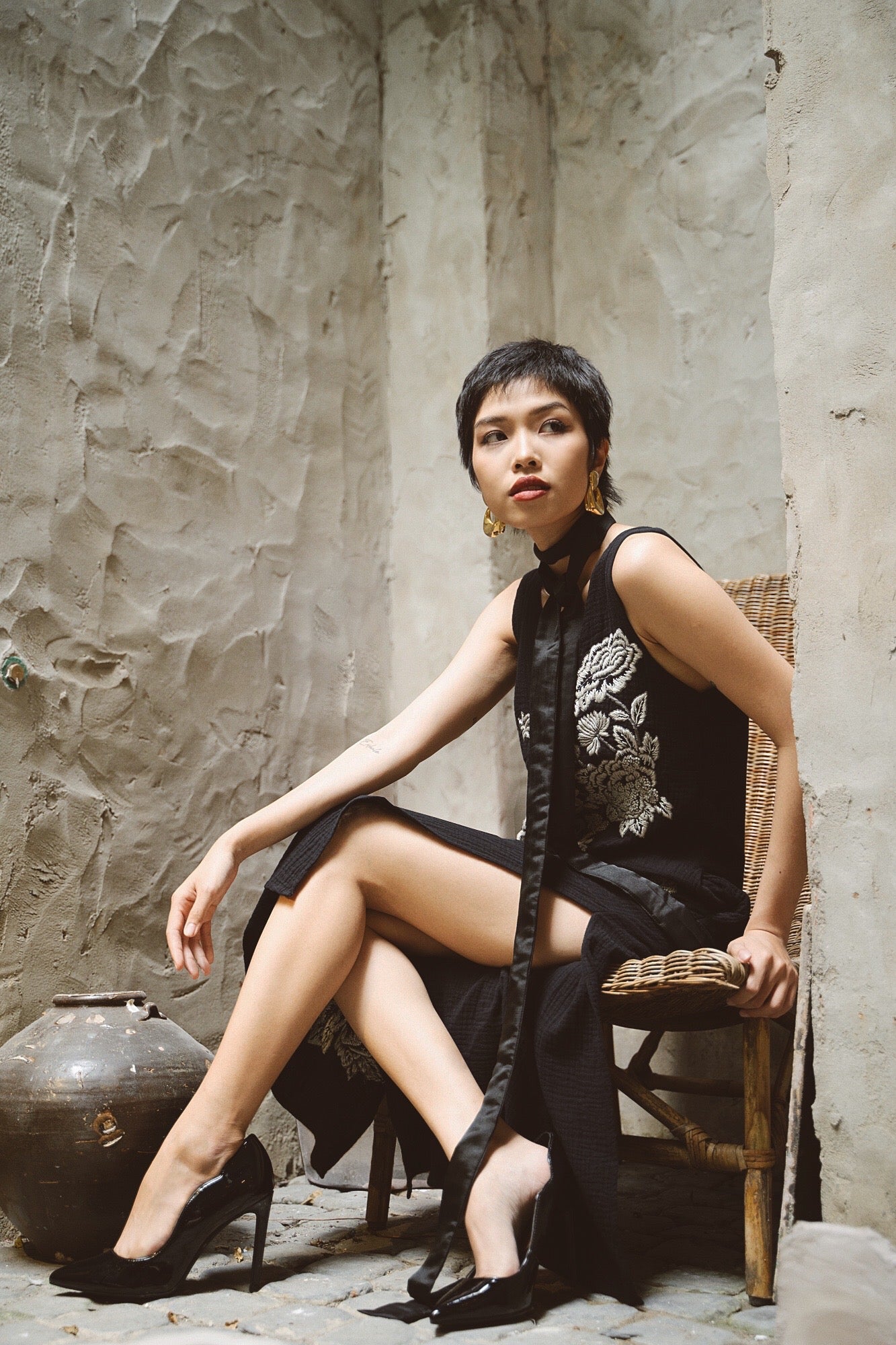 "Night Bloom" - Black embroidered V-neck muslin dress, floral artisan design, Vietnamese cultural elegance.