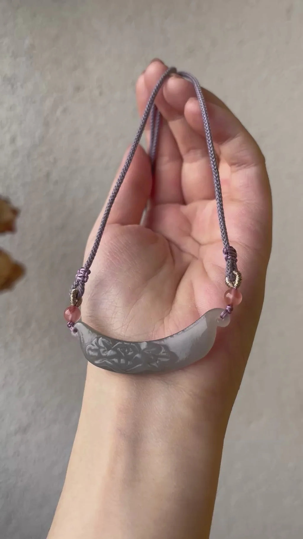 “Lilac Crescent” - Necklace with a Hand Carved Purple Hetian Jade Lotus Flower Huang Arc-shaped Pendant, 和田烟紫荷花小玉璜 - worn presentation