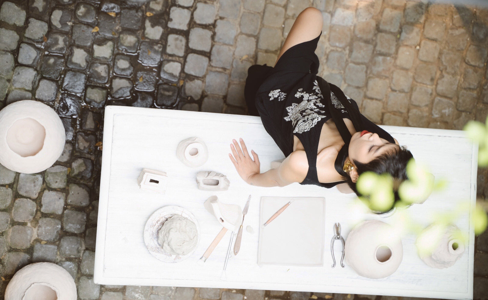 Vietnamese Embroidery - Night Bloom - Embroidered V-neck Muslin Dress - styled presentation in silk in black by Huulala