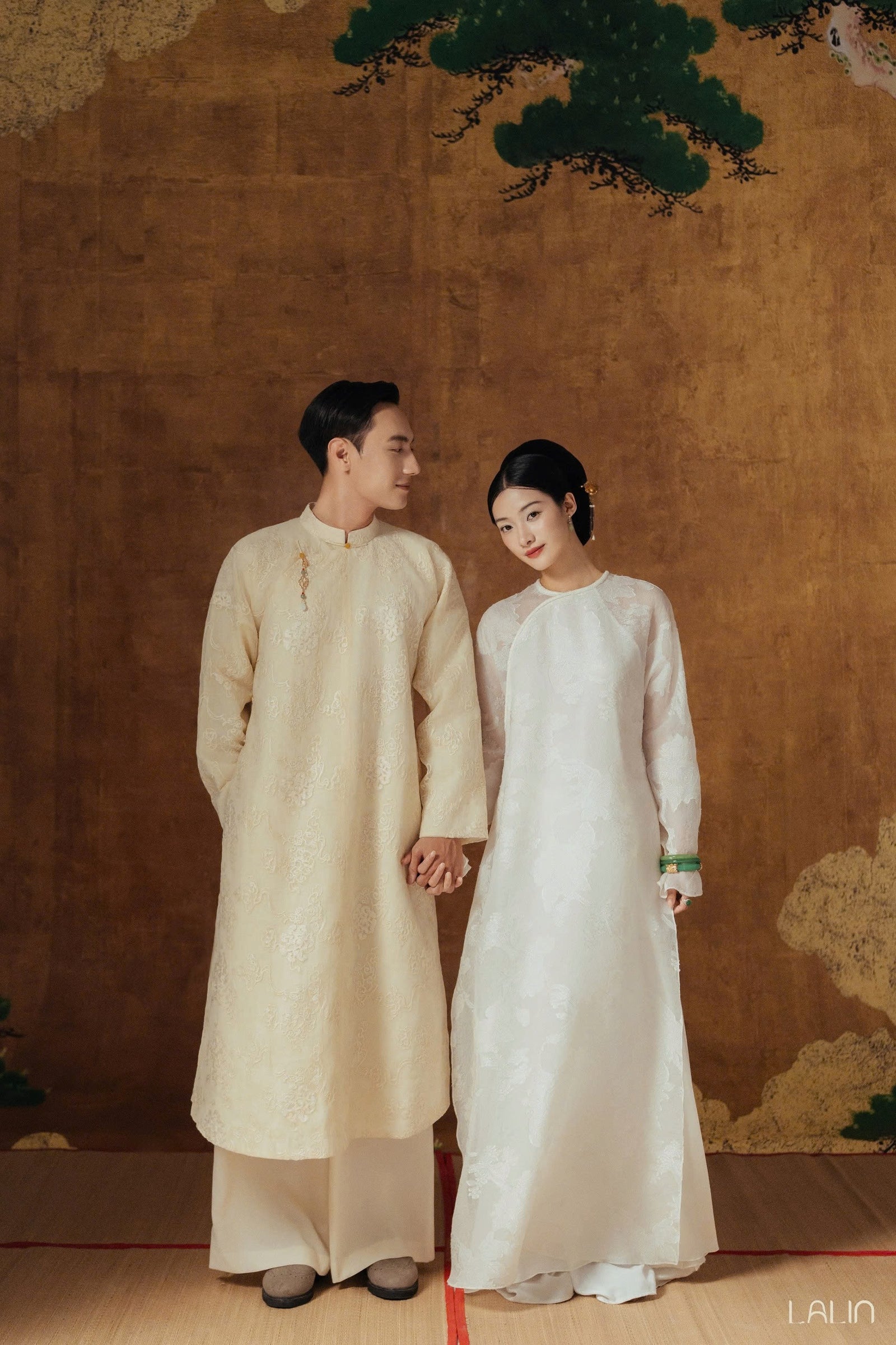 Tuyet Giao Ao-dai Set – Premium Double-layer Hand-Embroidered WormSilk in White [Wedding Collection] - styled presentation