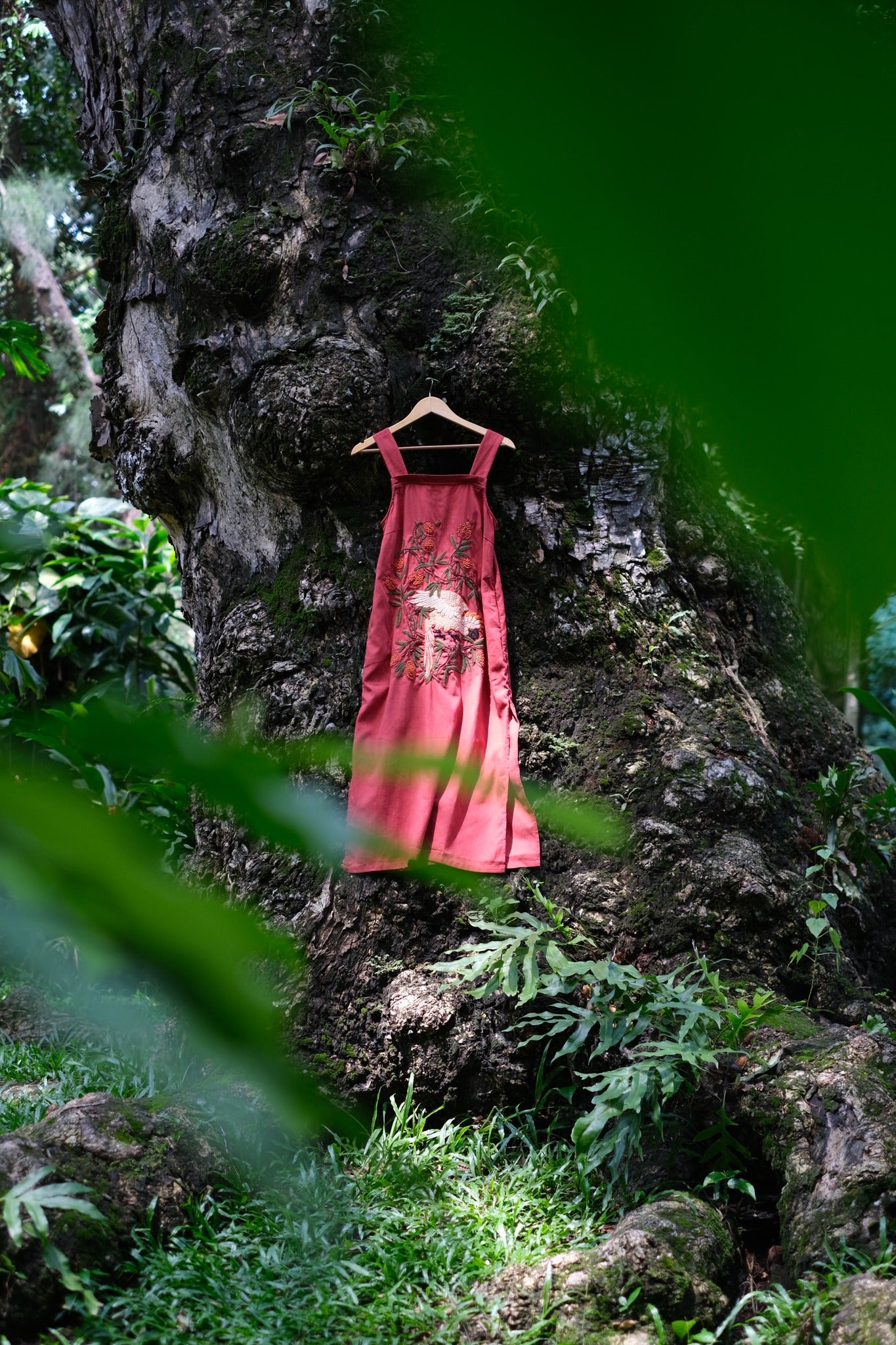 Vietnamese Embroidery - “Scarlet Canopy” Embroidered Linen Dress - styled presentation in silk in red by Huulala