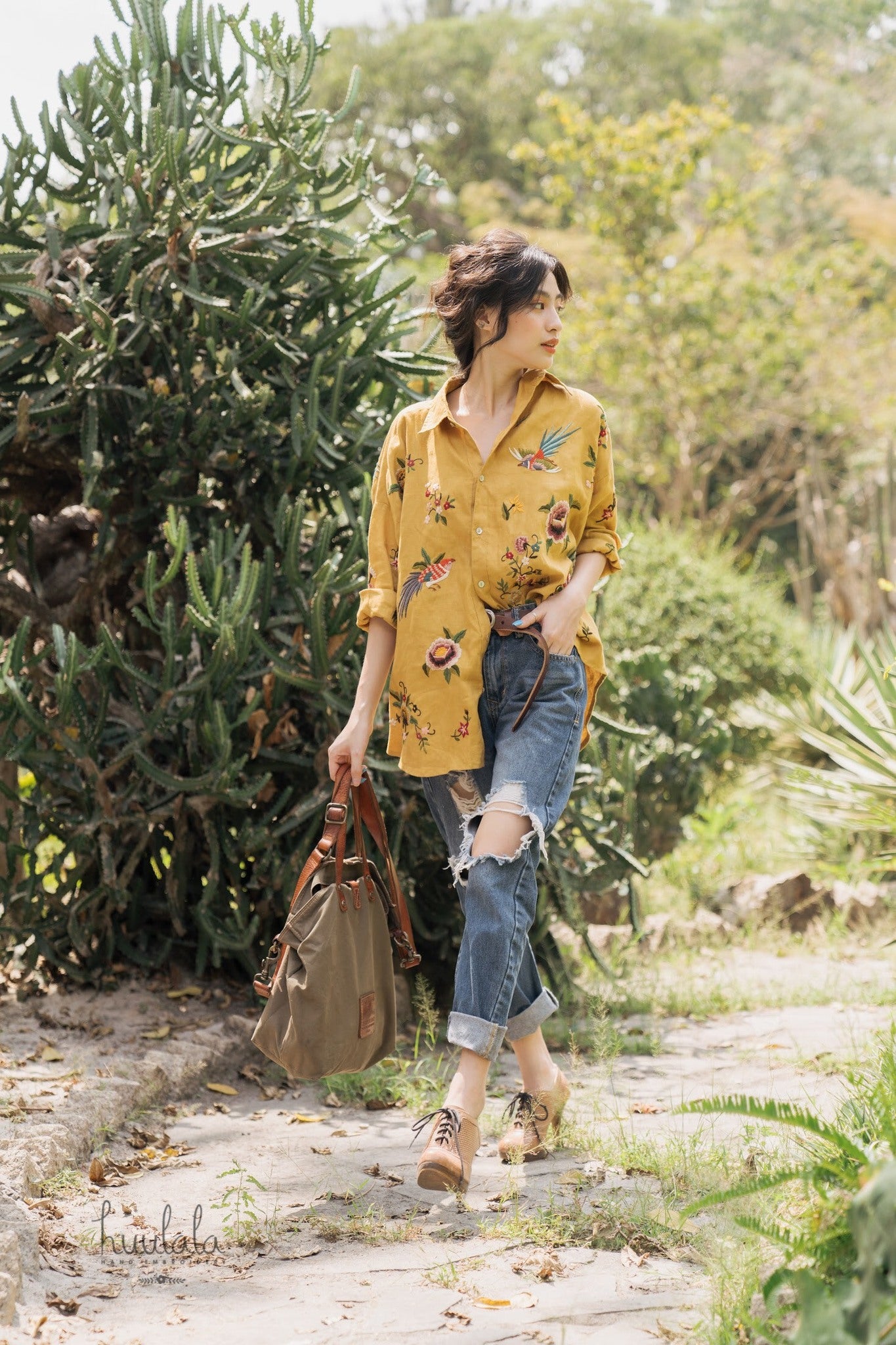 "Spring - Embroidered Linen Shirt in Yellow by Huulala, Vietnamese floral design"