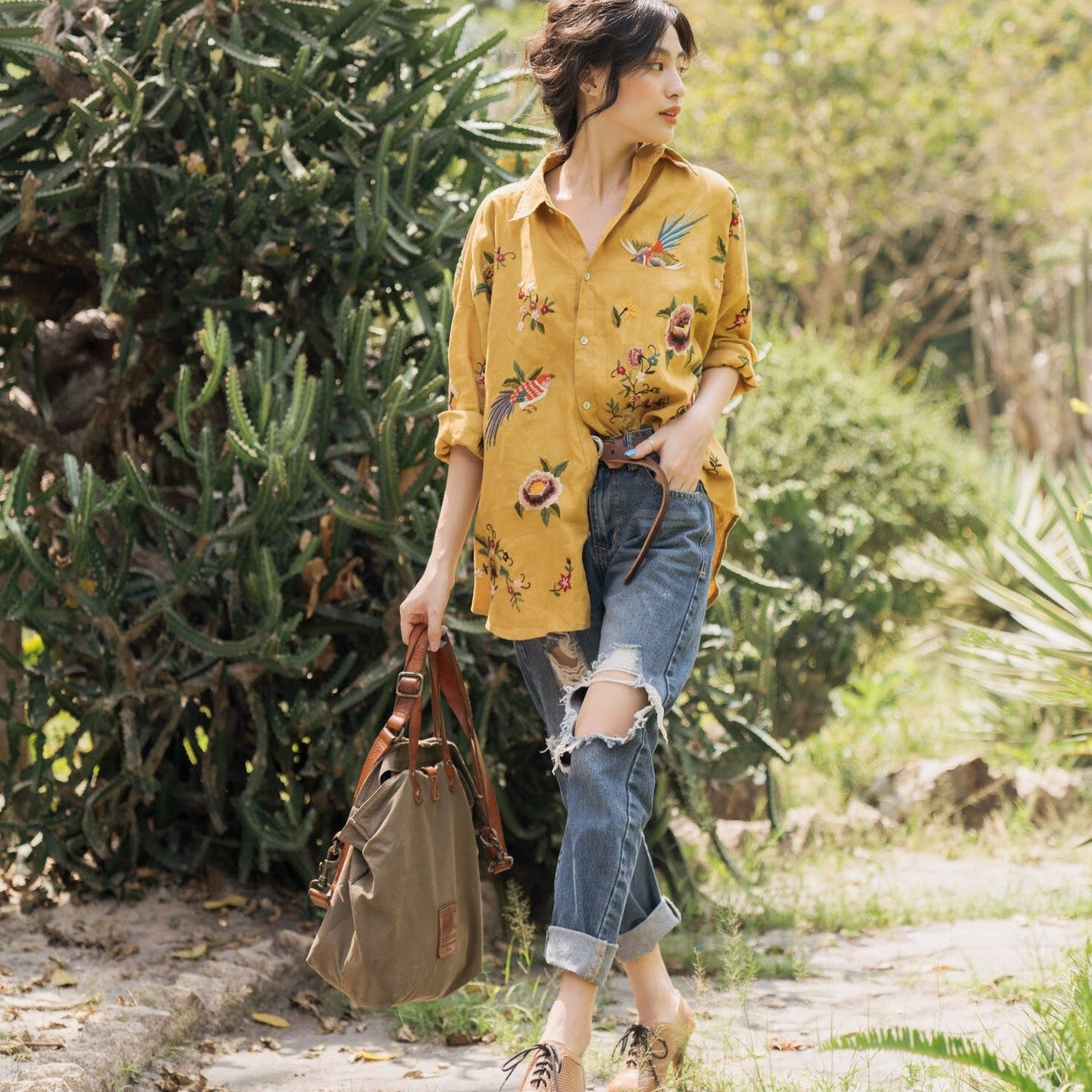 "Spring - Embroidered Linen Shirt in Yellow by Huulala, Vietnamese floral design"