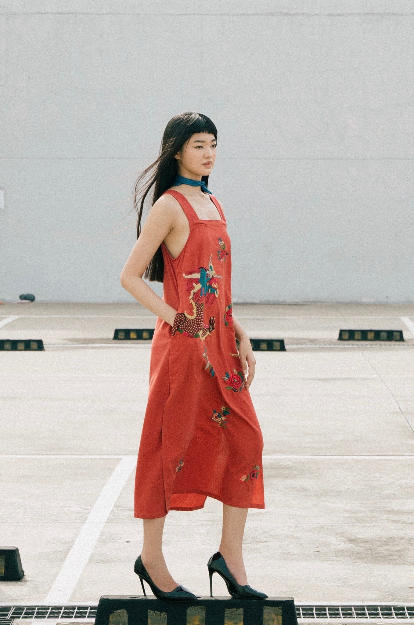 Vietnamese Embroidery - “Dreaming Dragon” Embroidered Linen Dress in Brick color - side profile in red by Huulala
