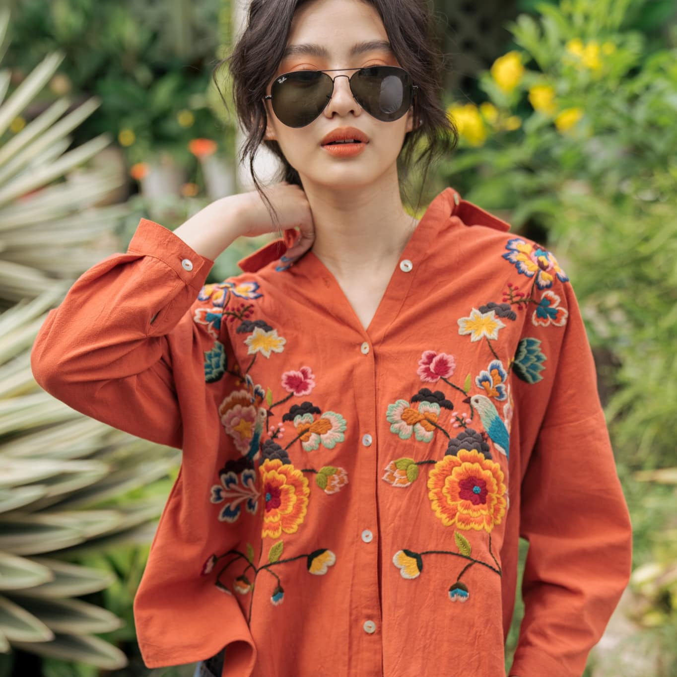 Vietnamese Embroidery - Sophie - Embroidered Linen shirt - front view in orange by Huulala
