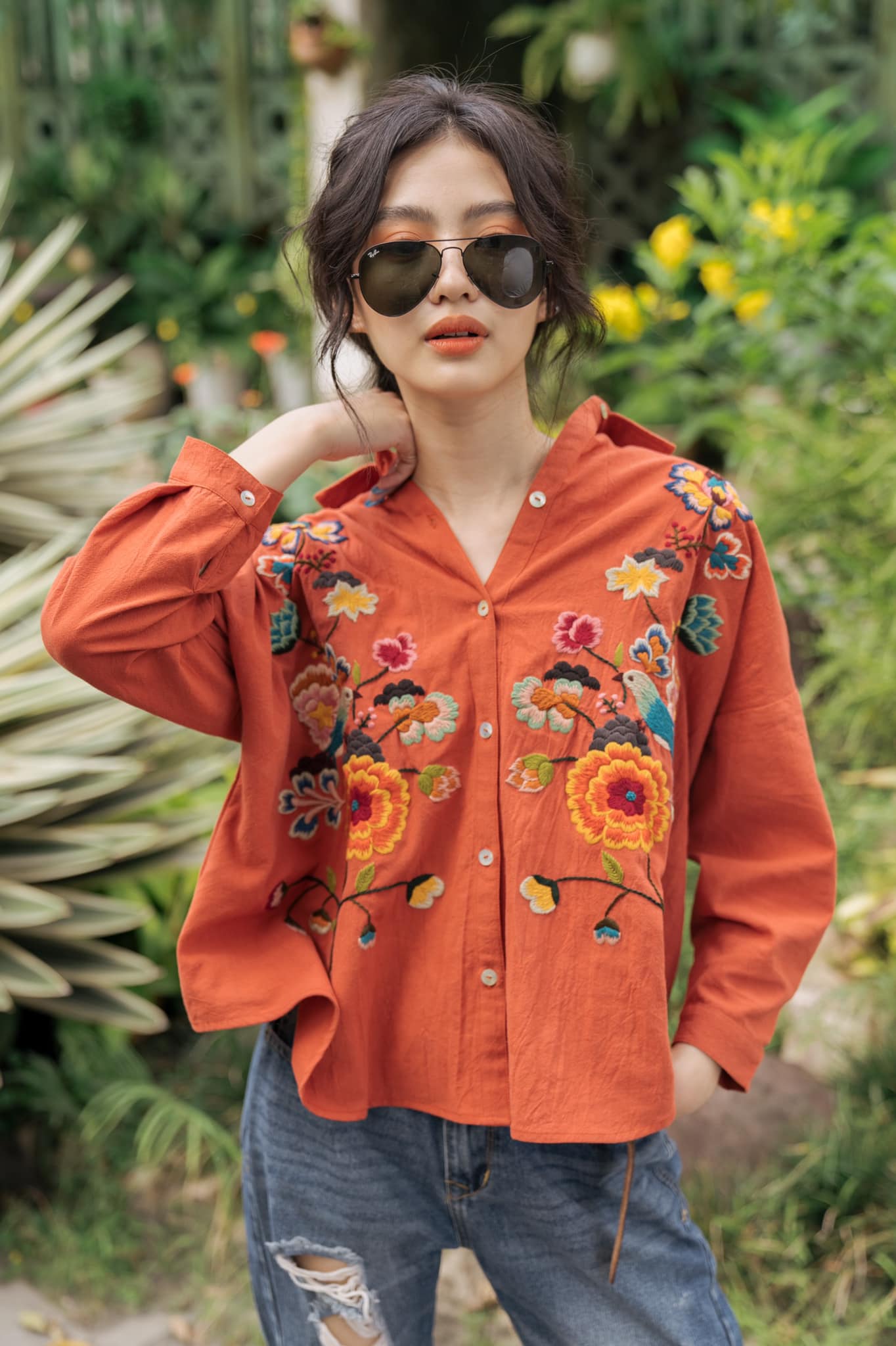 "Sophie embroidered linen shirt in orange with floral pattern, Vietnamese design by Huulala"