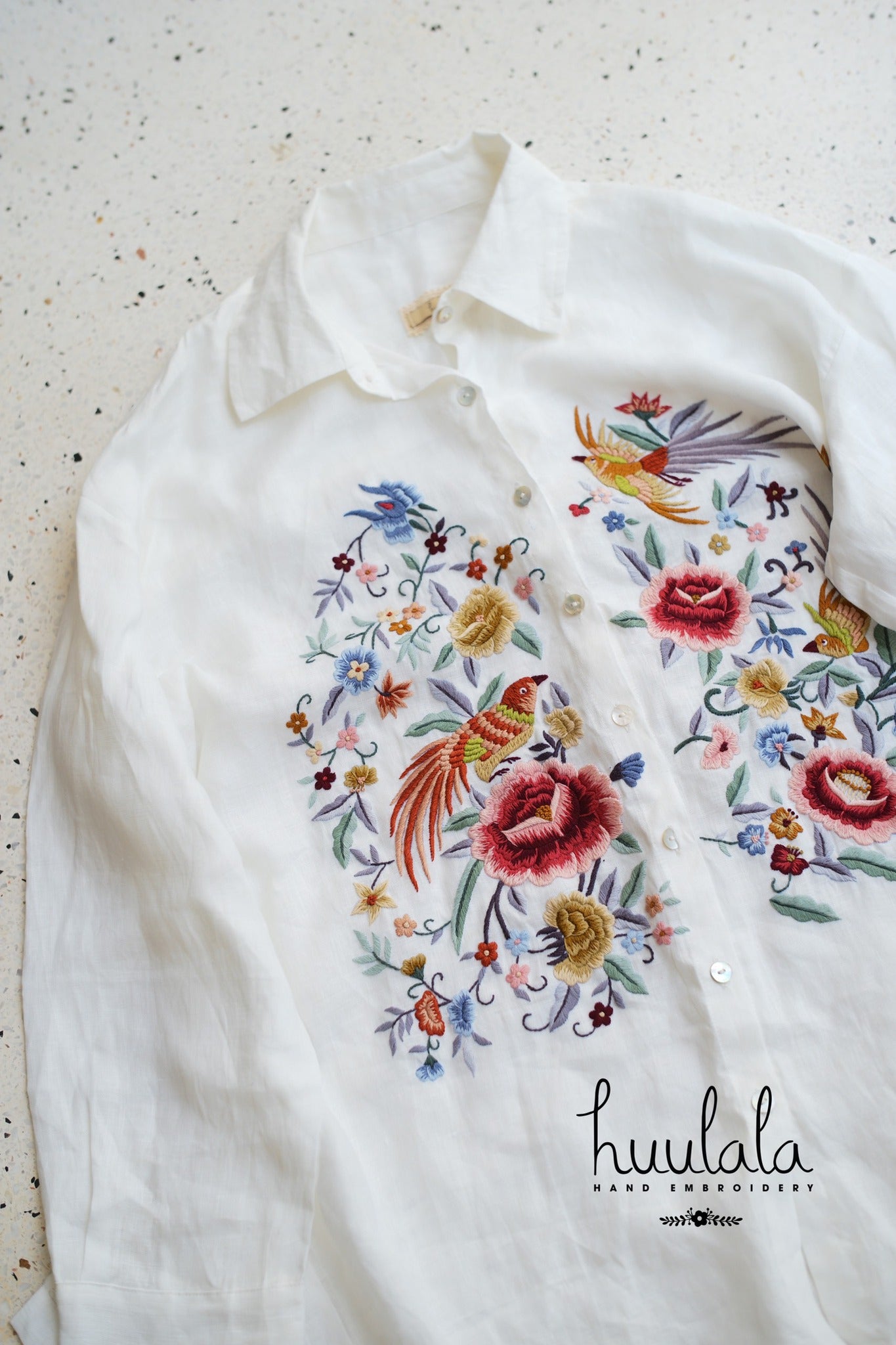 "Zoya embroidered linen shirt in white with pink floral embroidery, Vietnamese design by Huulala"