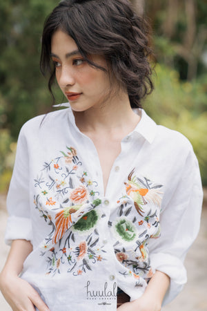 "Zoya embroidered linen shirt in white with green floral Vietnamese design by Huulala"