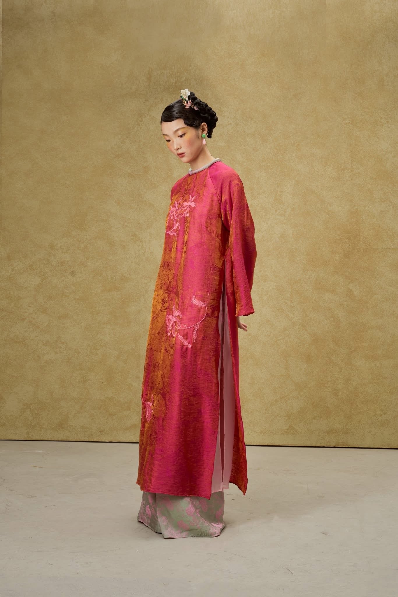 Luu Ly Ao Dai Set - Hangzhou Tencel Silk with Embroidery in Orange Red - side profile by SY Design
