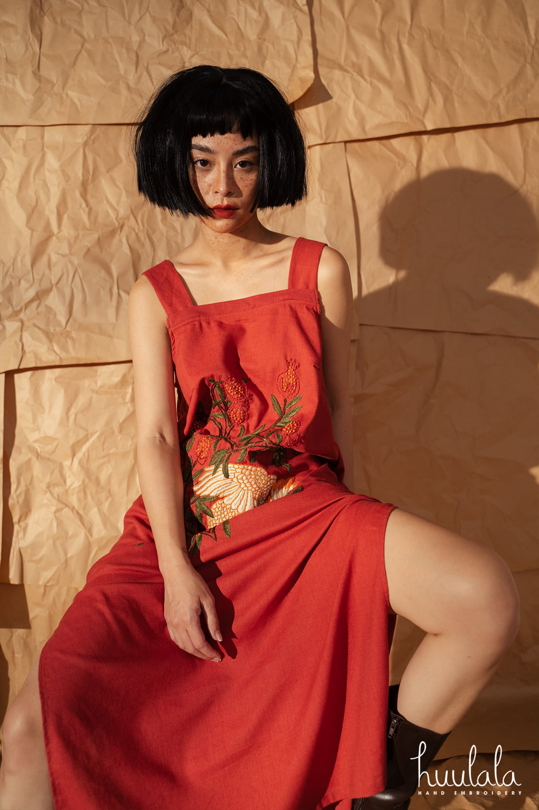 Vietnamese Embroidery - “Scarlet Canopy” Embroidered Linen Dress - front view in red by Huulala