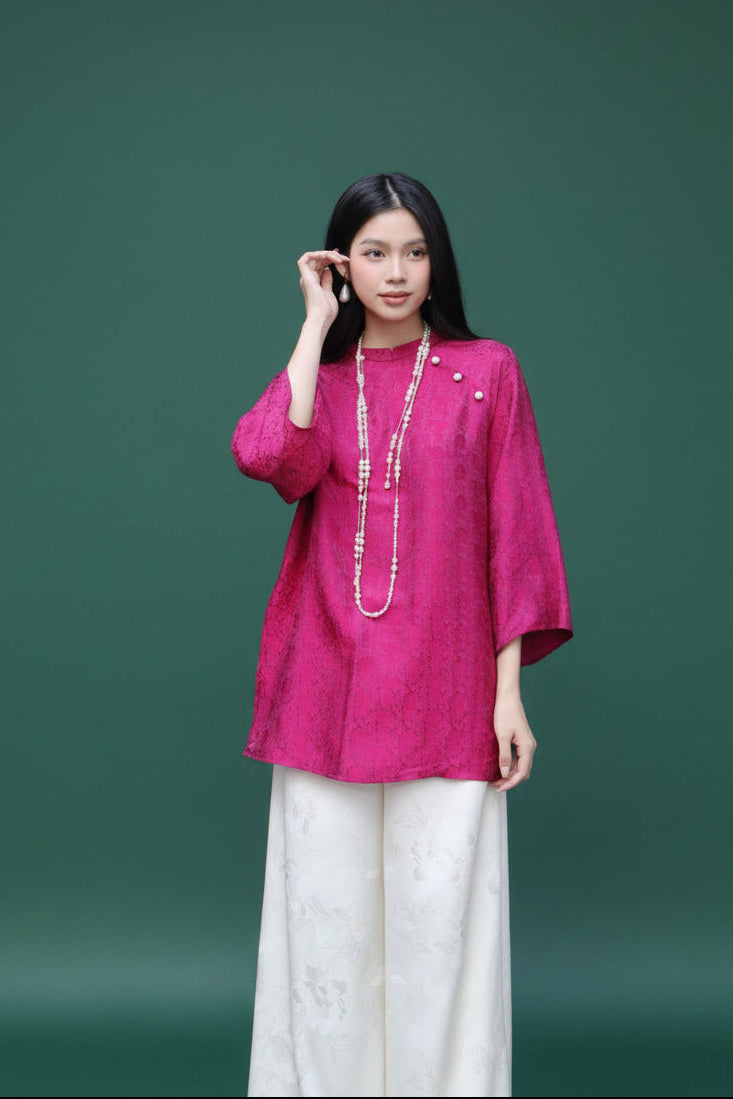"Tra My" - Mandarin-neck Top - Natural wormsilk in Deep Magenta