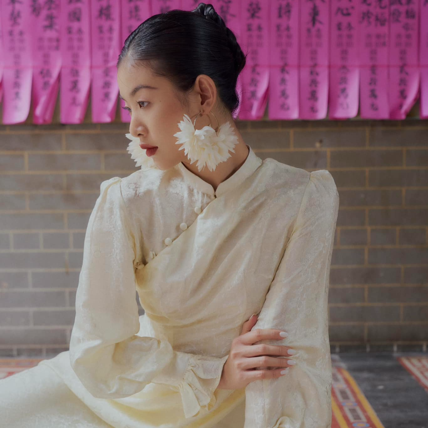 "Tang Bong Ao Dai Set in cream silk with puff sleeves, traditional Vietnamese dress by SY Design"