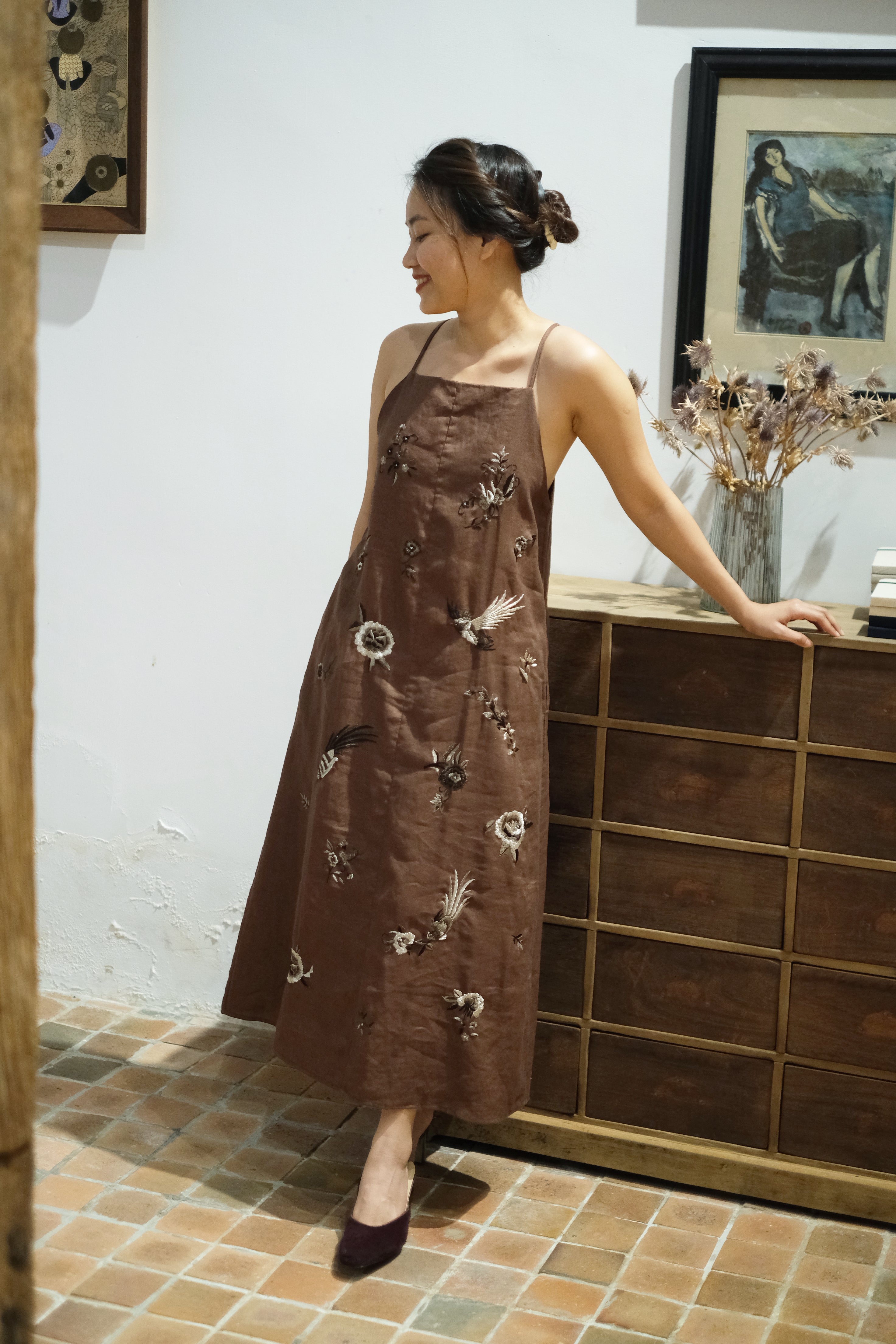 "Luna Vietnamese artisan linen dress in brown with silk floral embroidery by Huulala"