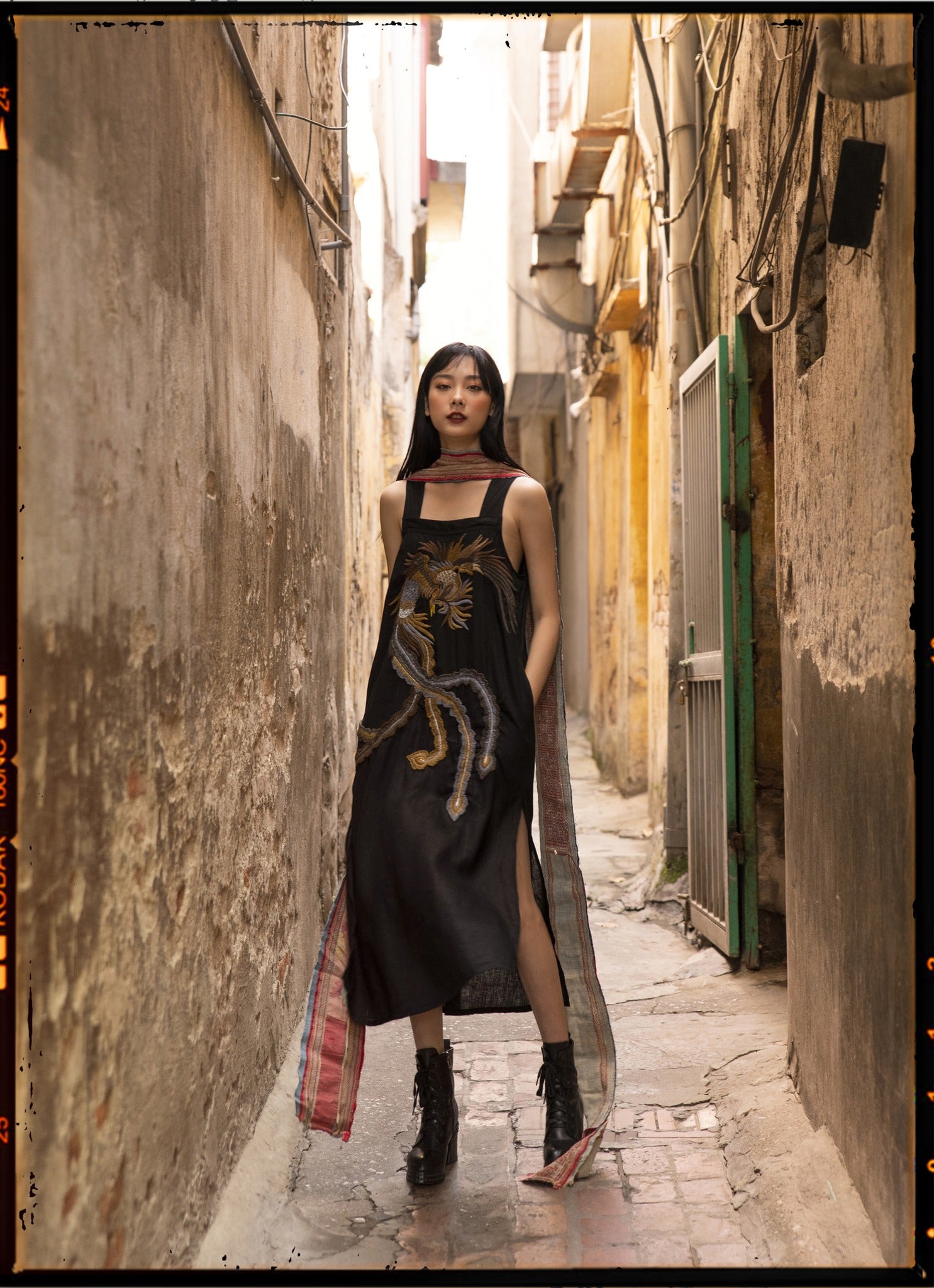 “Phoenix Aria” Embroidered Linen Dress in Black
