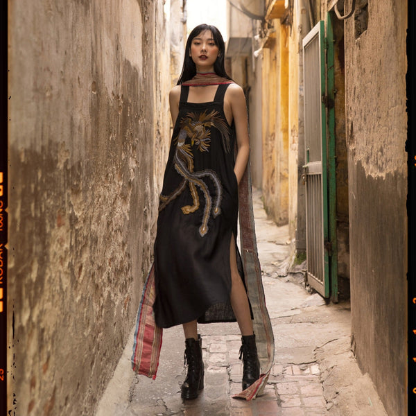 Vietnamese Embroidery - “Phoenix Aria” Embroidered Linen Dress - styled presentation in silk in black by Huulala