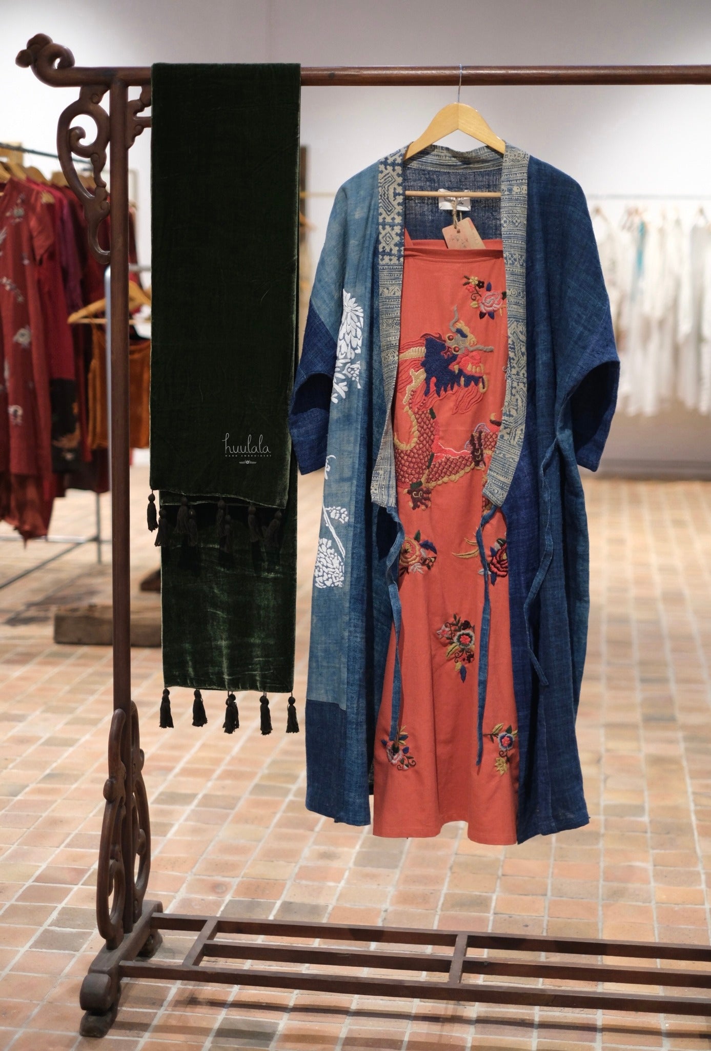"Dreaming Dragon Embroidered Linen Dress in Brick Red, Vietnamese Artisan Floral Design"