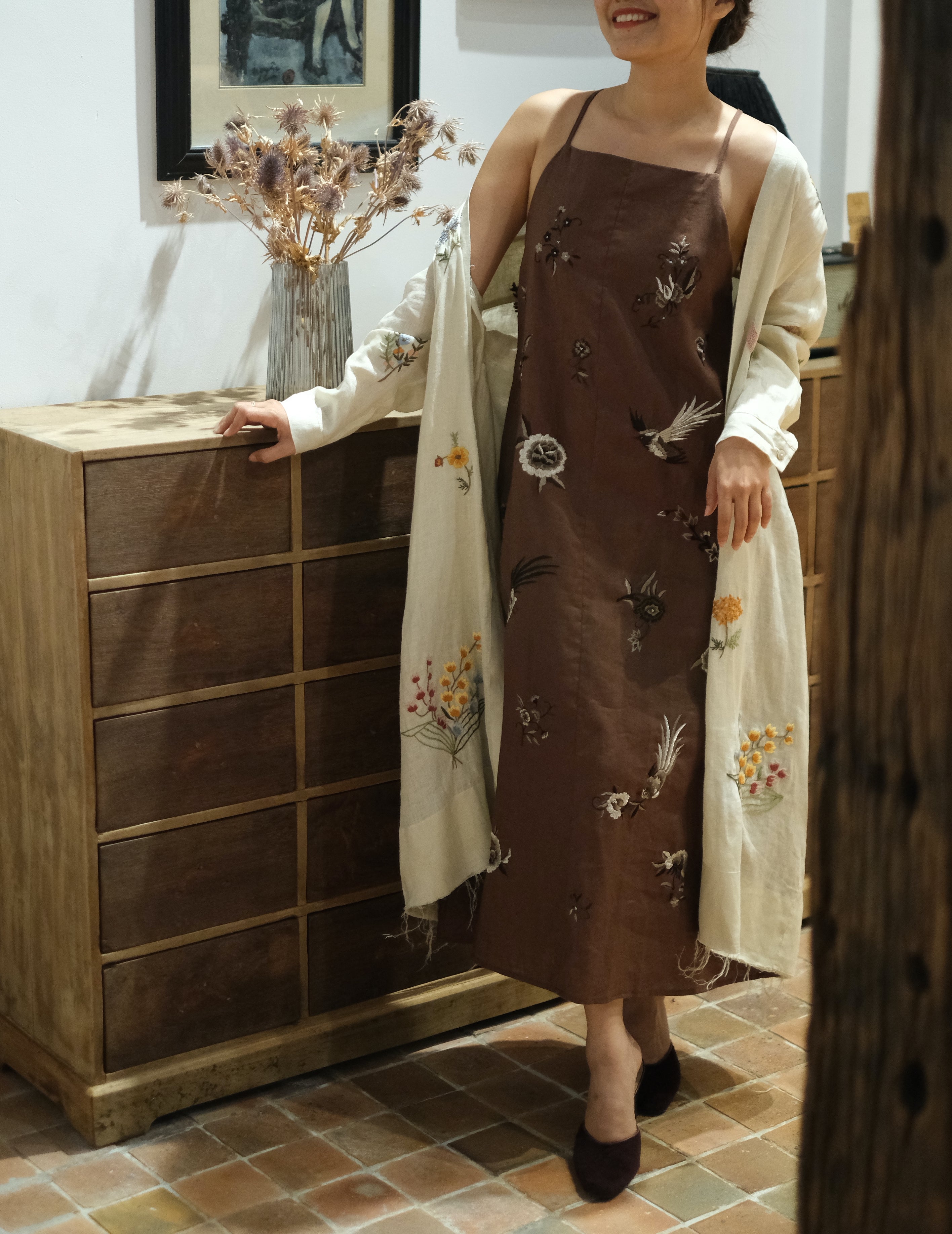 "Vietnamese artisan 'Luna' dress in brown linen with silk-thread floral embroidery by Huulala"