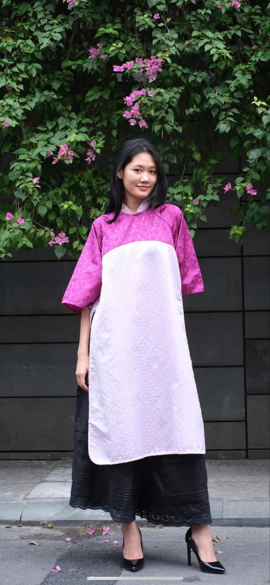 "Royal Heritage" limited edition pink Ao Dai by Huulala, modern jacquard design, traditional Vietnamese dress.