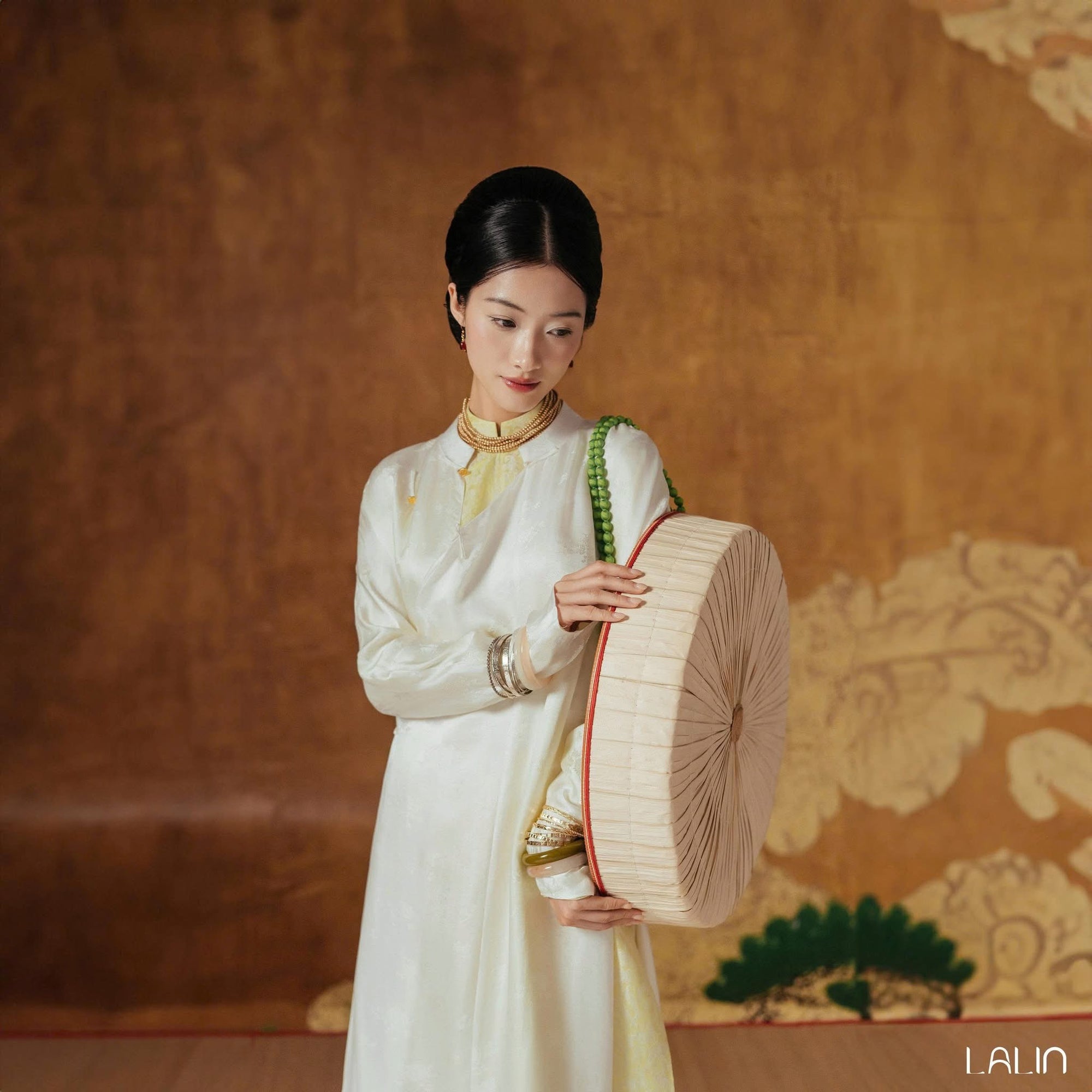 Nghi Giao Ao-dai Set – Luxury Double-layer Hand-Embroidered WormSilk in White [Wedding Collection] by Lalin - front view showcasing traditional Vietnamese áo dài design, premium Vietnamese silk clothing