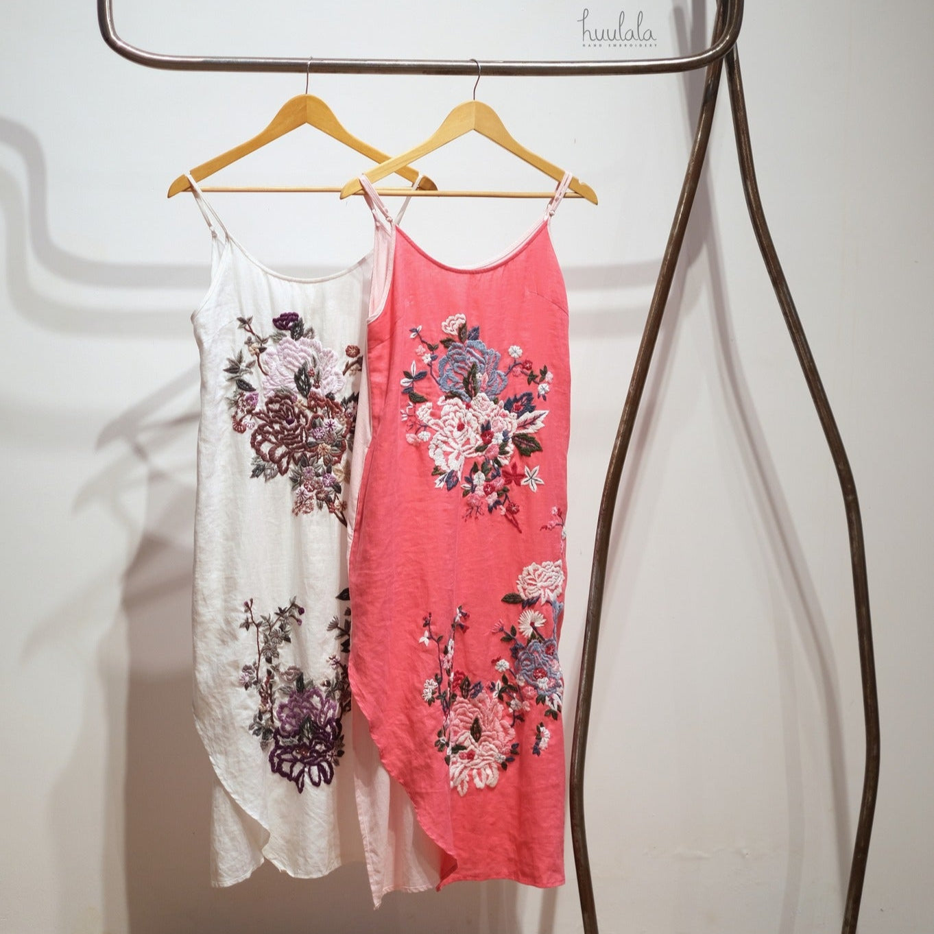 Peony Bouquet - Asymmetric Embroidered Linen Slip Dress in Bright Pink - side profile by Huulala