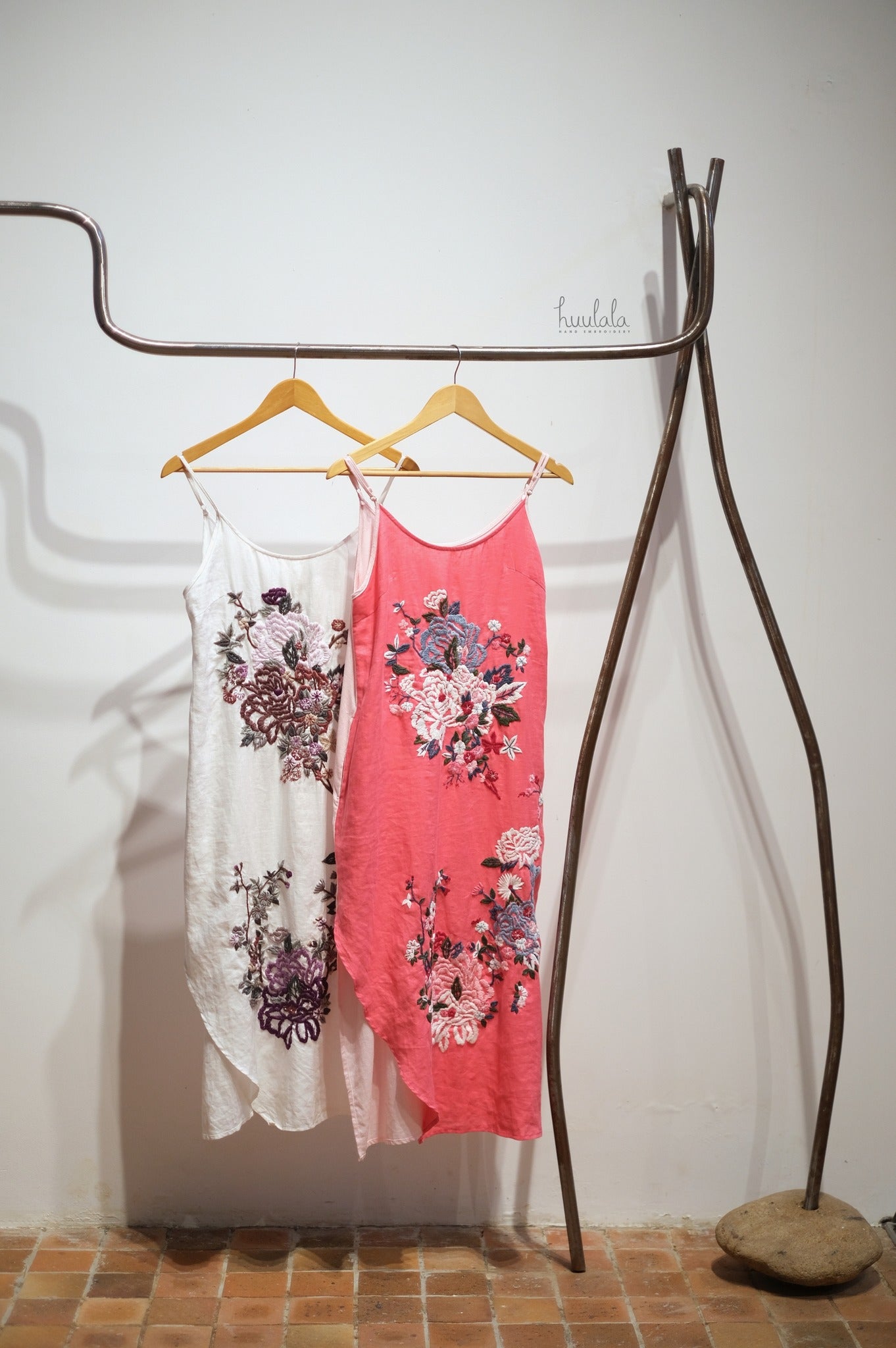 "Peony Bouquet" - Asymmetric Embroidered Linen Slip Dress in Off-White