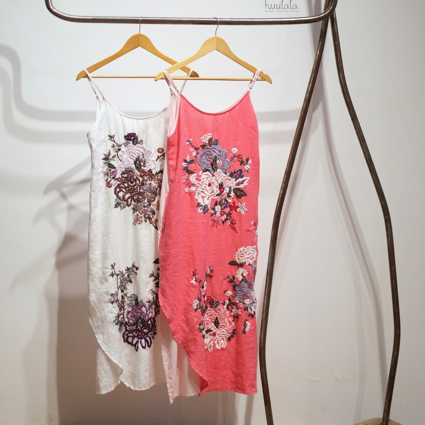 "Peony Bouquet" - Asymmetric Embroidered Linen Slip Dress in Off-White and Pink by Huulala, featuring floral patterns.