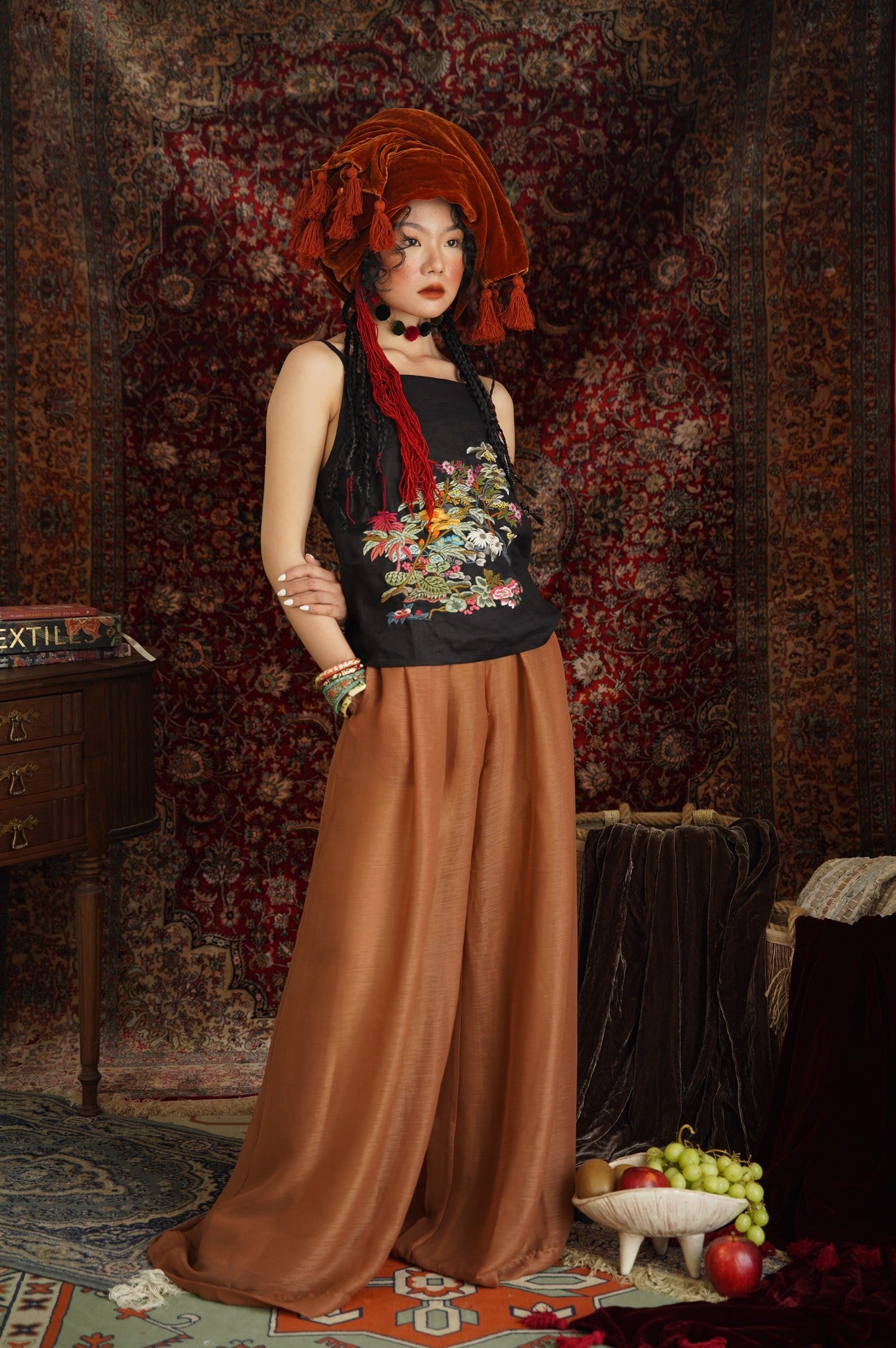 "Minh" hand-embroidered Vietnamese linen tank top in black with floral silk patterns by Huulala.