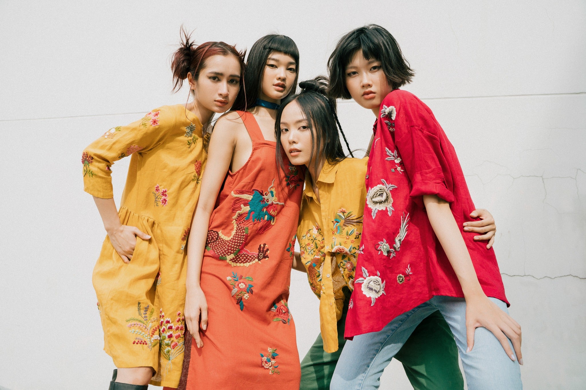 "Vietnamese embroidered linen dress 'Mimosa' in yellow with floral pattern by Huulala."