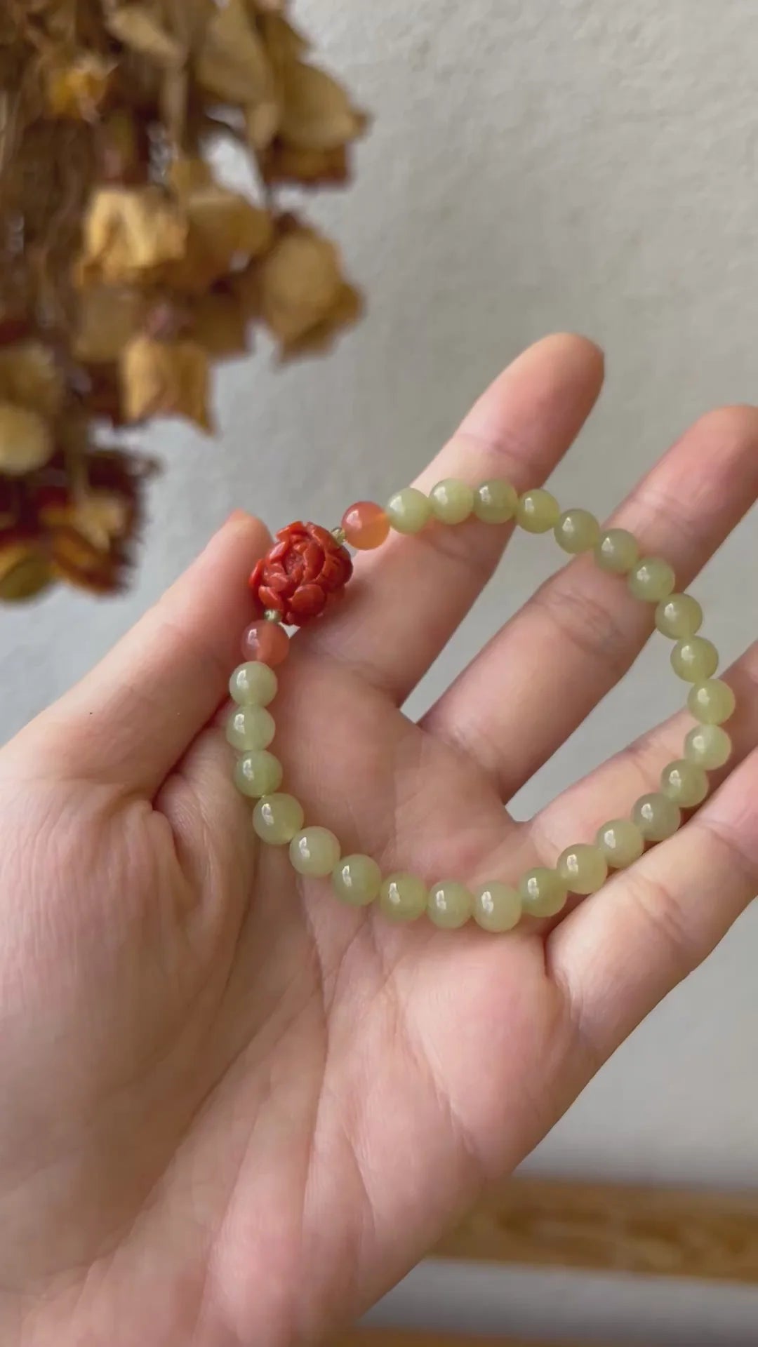 Traditional Motif - “Peony Bloom” – Hetian Jade & Agate Peony Bracelet - front view in green by L'Orient Haus