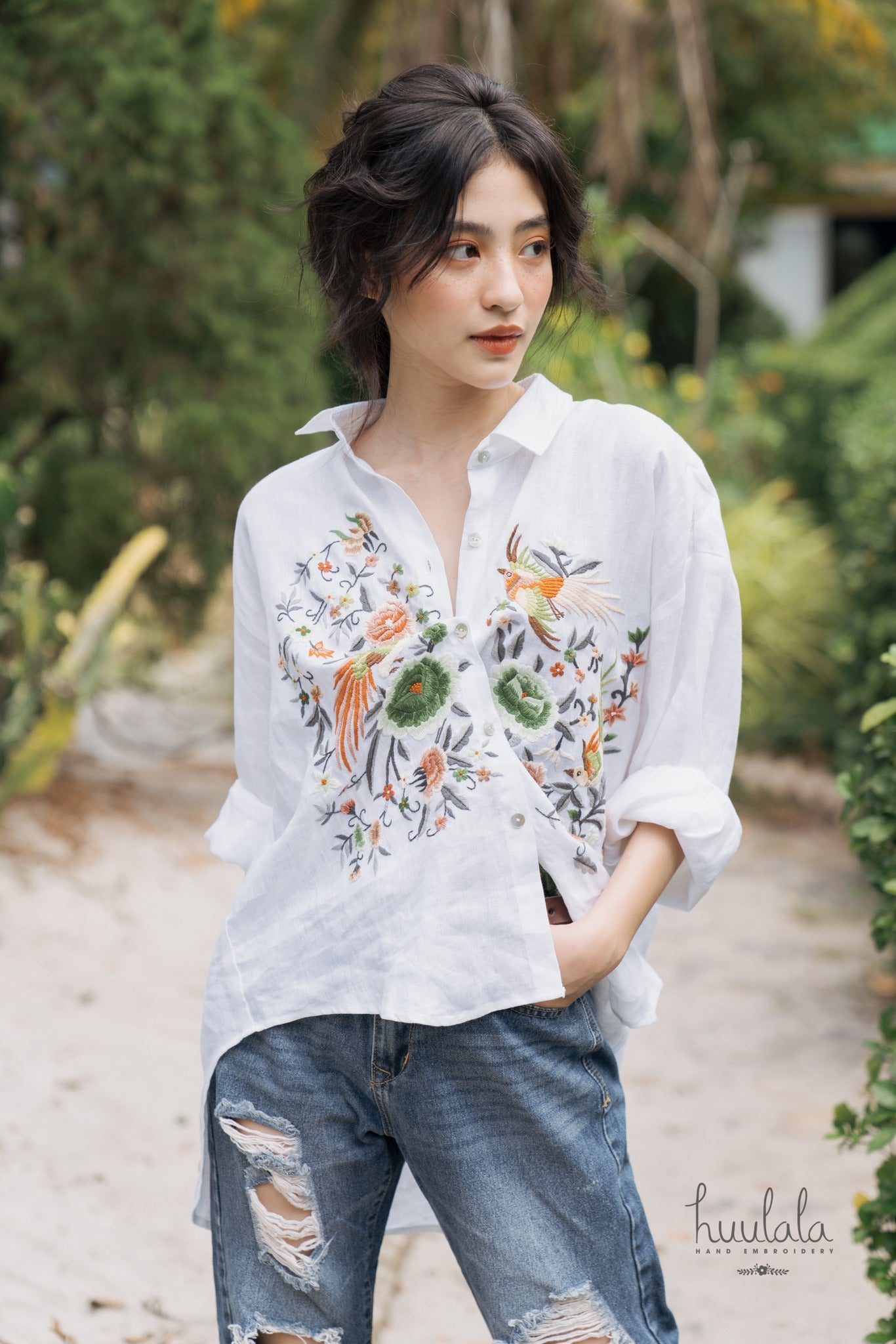 "Zoya embroidered linen shirt in white with yellow moss tone floral design, Vietnamese style by Huulala"