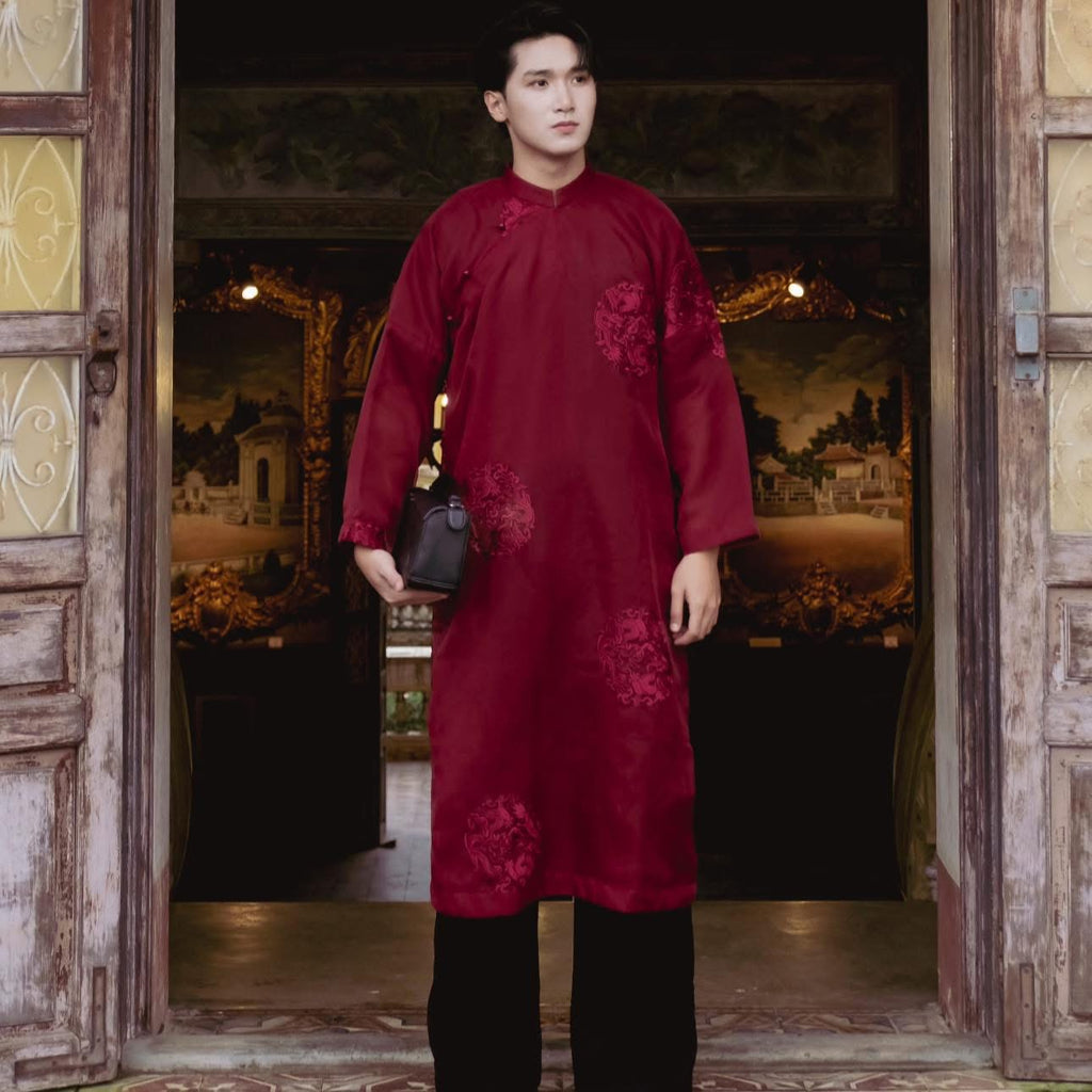 Vietnamese Ao Dai - GIA LONG – Men’s Organza Áo Dài in Bordeaux Red - front view in silk in red by Maison LONG