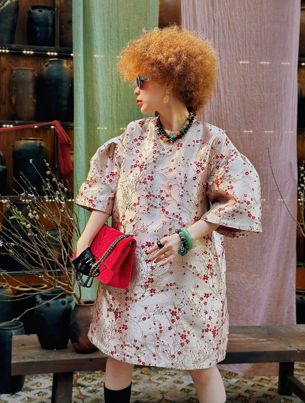 Vietnamese Silver - Spring Ease Dress – Printed Tafta in Ivory/Red - styled presentation in green by Huyen Thai Collection