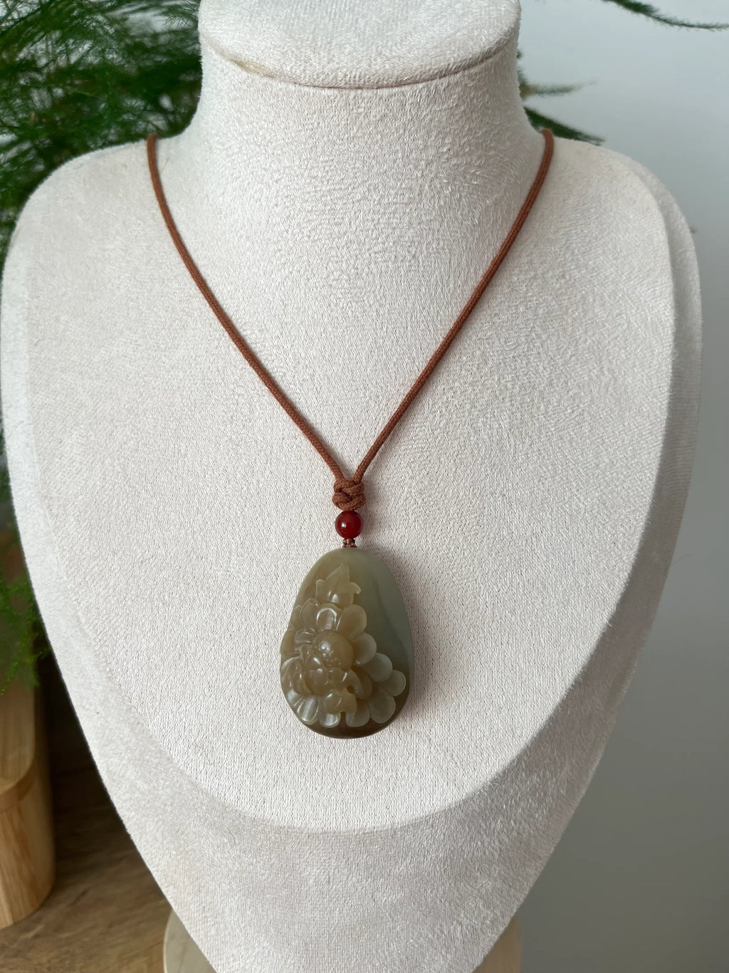 “Amber Peony” - Brown Hetian Jade Peony Flower Pendant - front view in white by L'Orient Haus