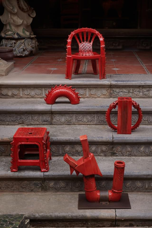 "Bat Trang Ceramics - Dragon Street Ceramic Stool in red, traditional Vietnamese design"