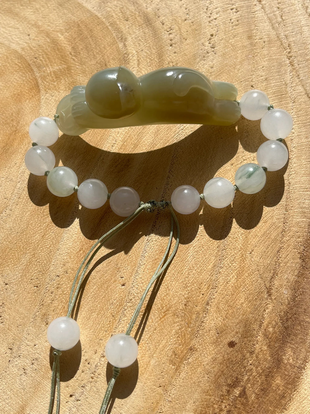 Vietnamese Silver - Fortune's Embrace – Nephrite Jade Lucky Cat Bracelet - flat lay display in white, green by L'Orient Haus
