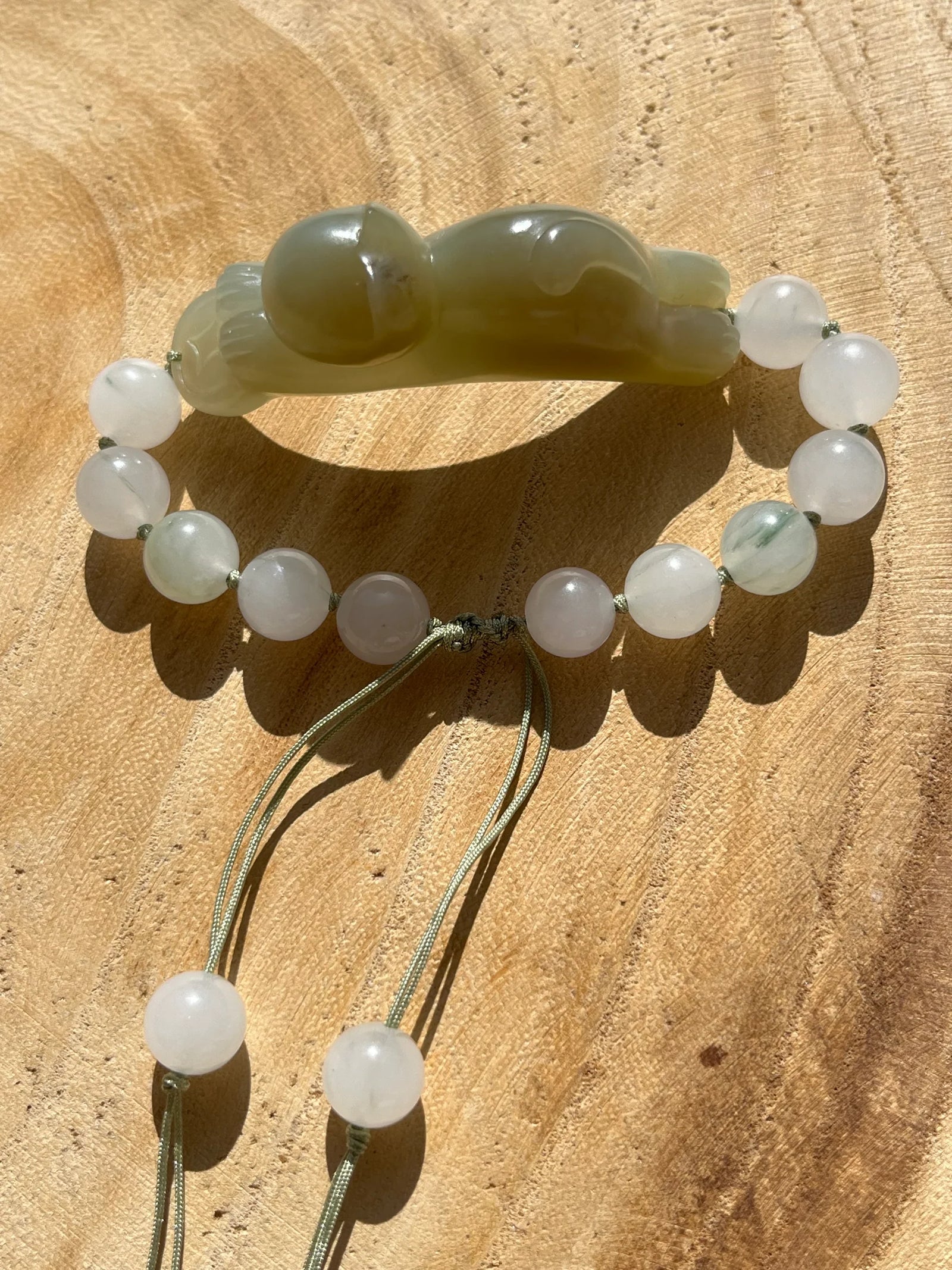 Vietnamese Silver - Fortune's Embrace – Nephrite Jade Lucky Cat Bracelet - flat lay display in white, green by L'Orient Haus