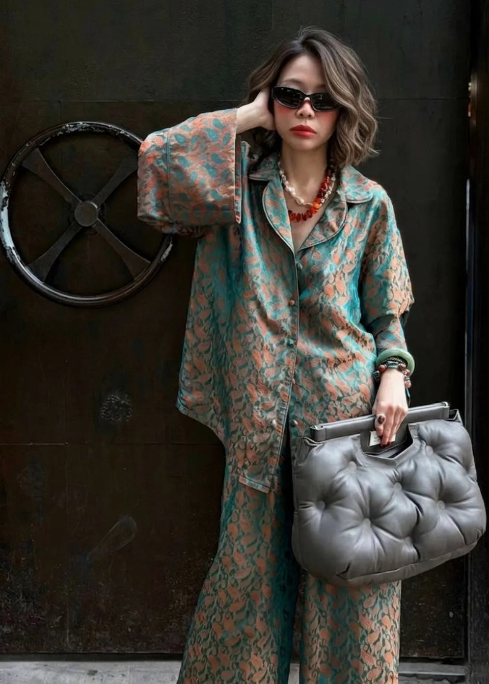 “Nomad Silk” Suit Pajamas – Wormsilk in Jade-green/Copper