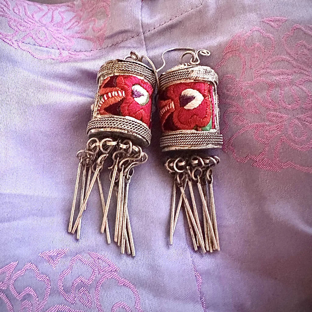 Vietnamese Silver - Bloom - Miao Embroidery Cylinder Earrings In Bright Red - flat lay display in red by Miao Ethnicity