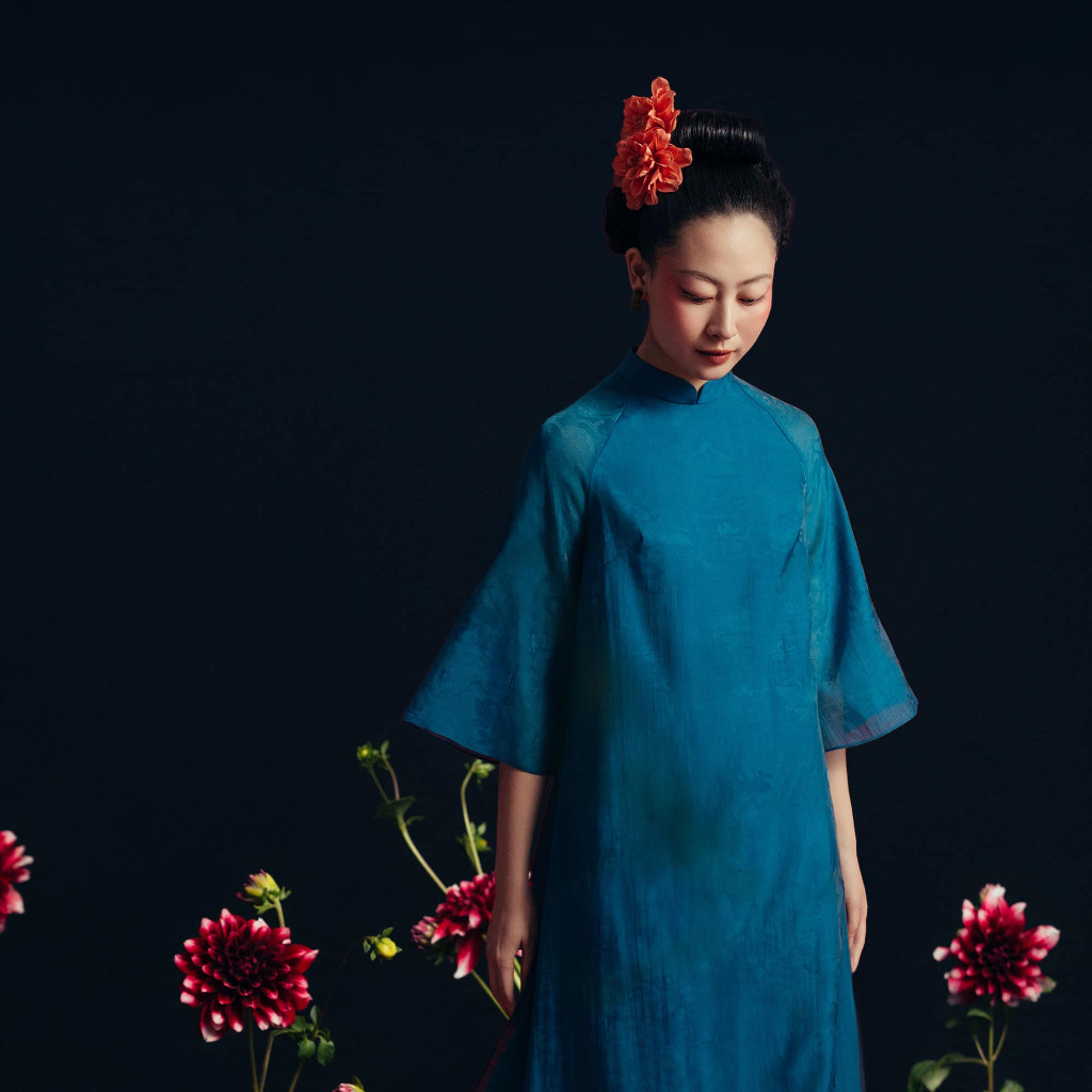 Vietnamese Ao Dai - Ho Phach - Royal Jacquard Silk Áo Dài Set in Deep Teal - front view in blue by Nam Phuong Y