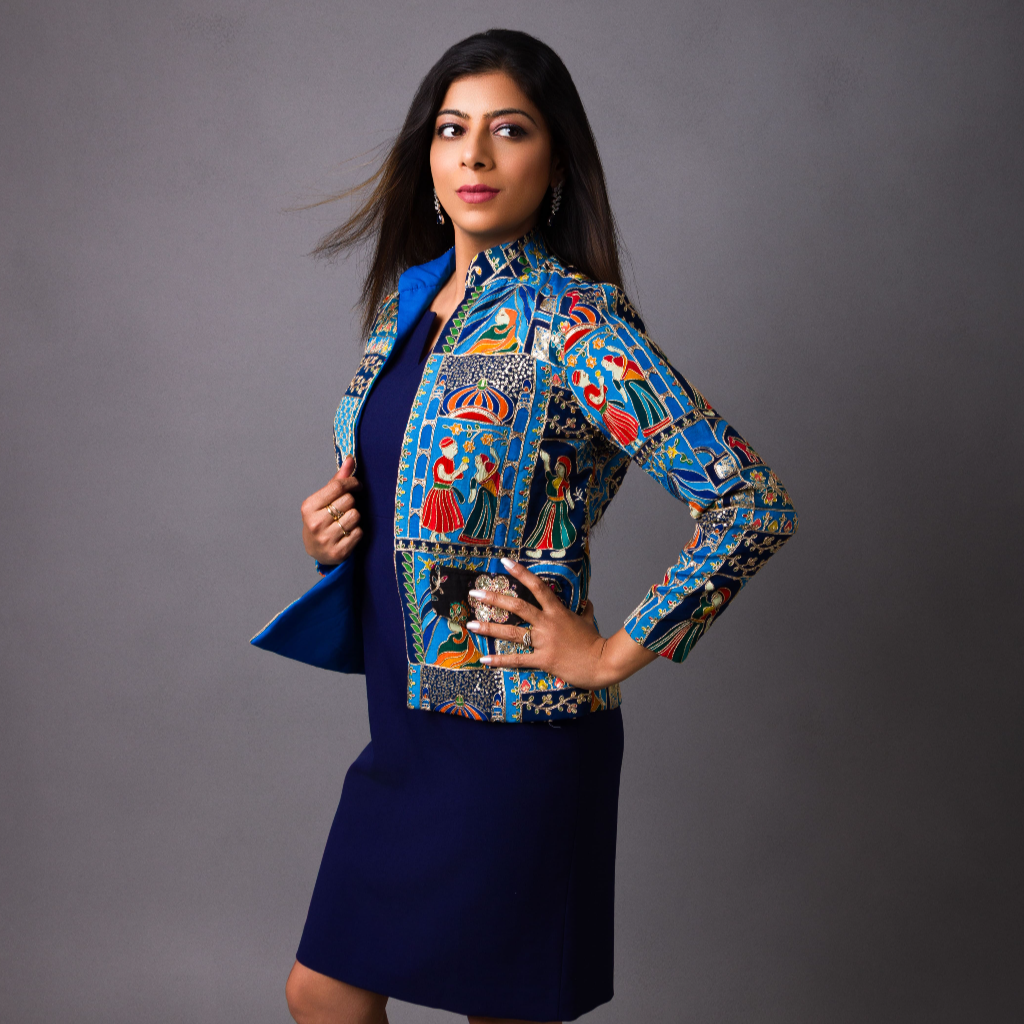Neelam - Heritage Silk Jacket in Sapphire Blue - three-quarter angle by Indian Heritage