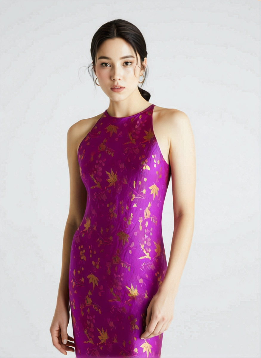 Radiance in Silk" Slip Dress – Fuchsia Gold - Side view - Traditional Vietnamese craftsmanship