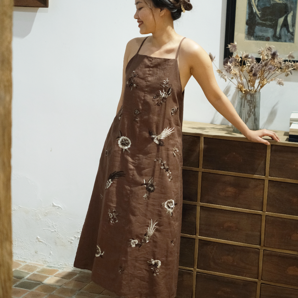Vietnamese Embroidery - Luna - Silk-thread embroidery on Linen Dress - side profile in brown by Huulala