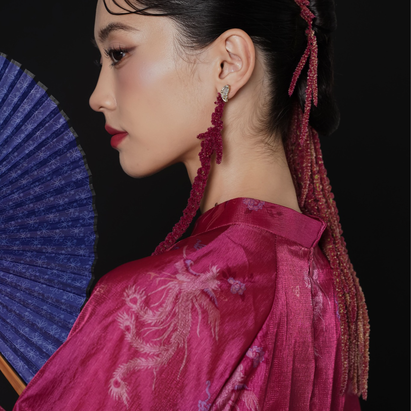 "Thy Loan Ao dai Set in magenta wormsilk by Lalin, traditional Vietnamese dress with modern pattern, cultural authenticity."