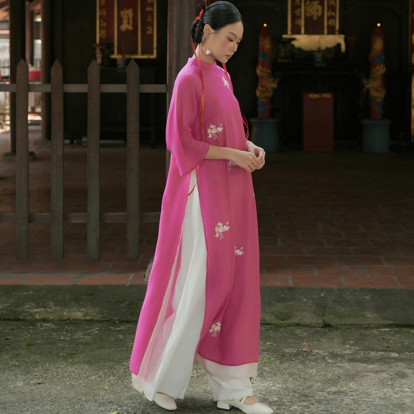 Vietnamese Ao Dai - Kha Ai Ao Dai Set - Chiffon in Pink [Modern cut] - side profile in silk in pink by Moc