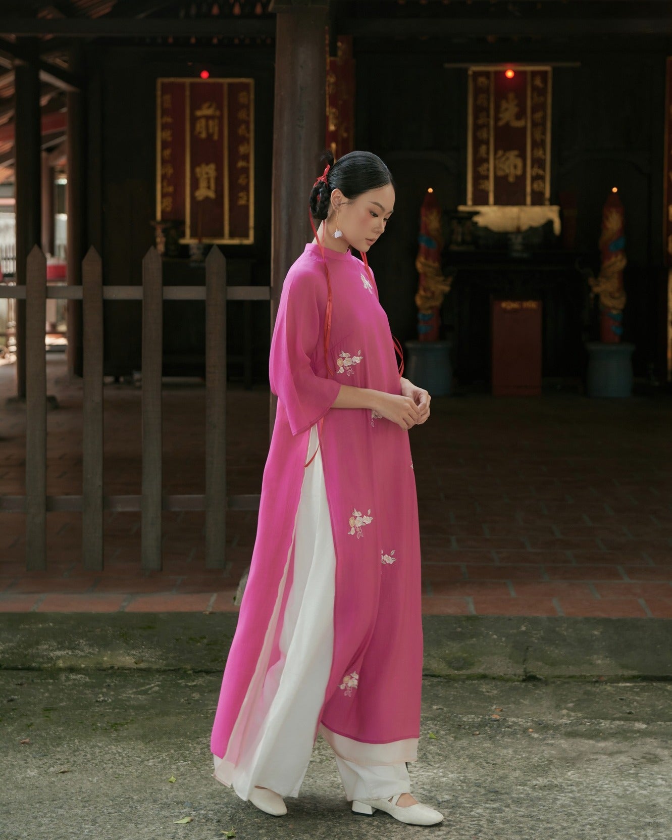 "Traditional Vietnamese Ao dai set in pink chiffon with floral pattern, silk artisan design by Moc"